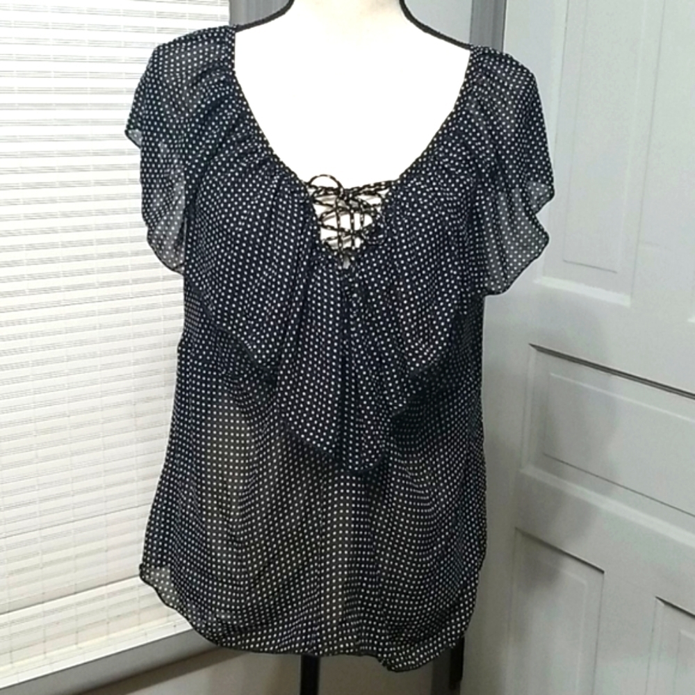 ✨ Lane Bryant Lace Up Polka Dot Chiffon Ruffle Sleeveless Top